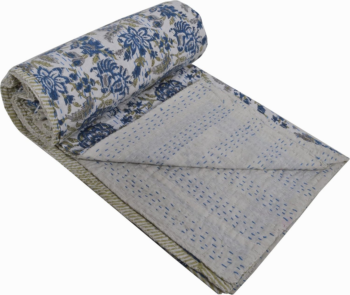 YUVANCRAFTS Indian Block Print Kantha Quilt Queen Size 90 x 108 Inch White 6-100% Cotton Bedspread Blanket Bed Cover Throw Vintage Boho