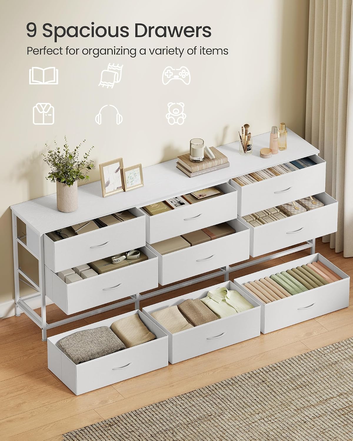 SONGMICS Dresser with 9 Fabric Drawers, TV Stand for TVs Up to 70 Inches