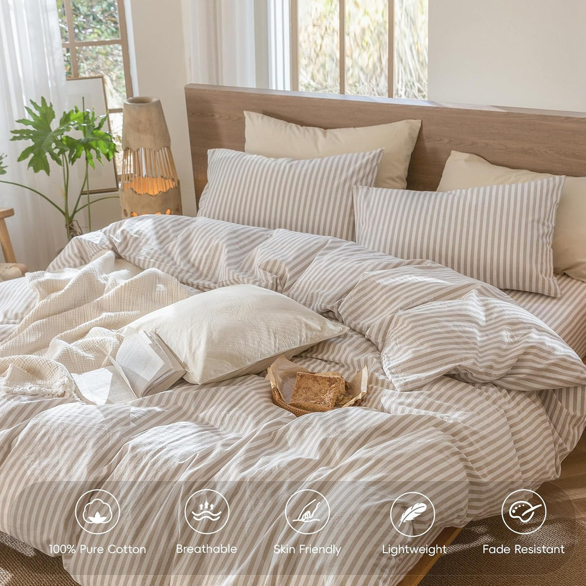 MooMee Striped Duvet Cover Set 100% Washed Cotton Linen Like Queen