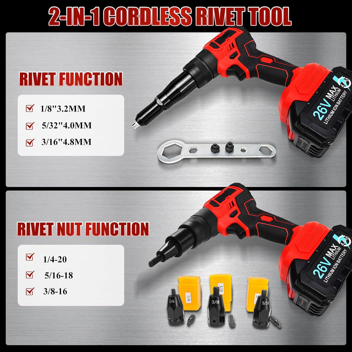 Cordless Rivet Gun,26V Portable Battery Powered Riveter Rivnut Insert Installation Tool with 2PCS Battery and Charger,Automatic Brushless Riveter Tool Kit for 1/8", 5/32", 3/16" Rivets (1 Battery)