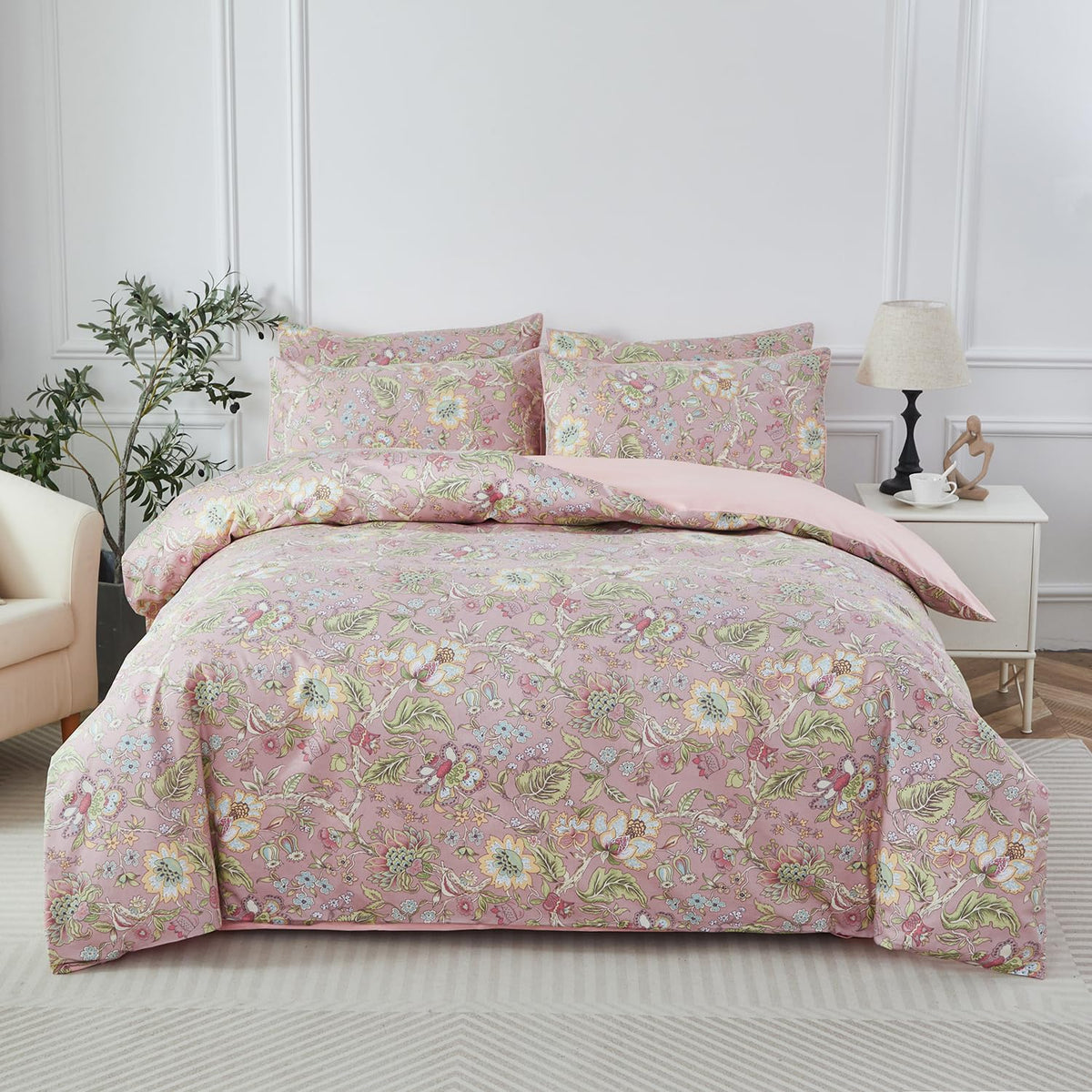 URBONUR 100% Cotton Floral Queen Duvet Cover Set 3-Pieces Botanical Bedding