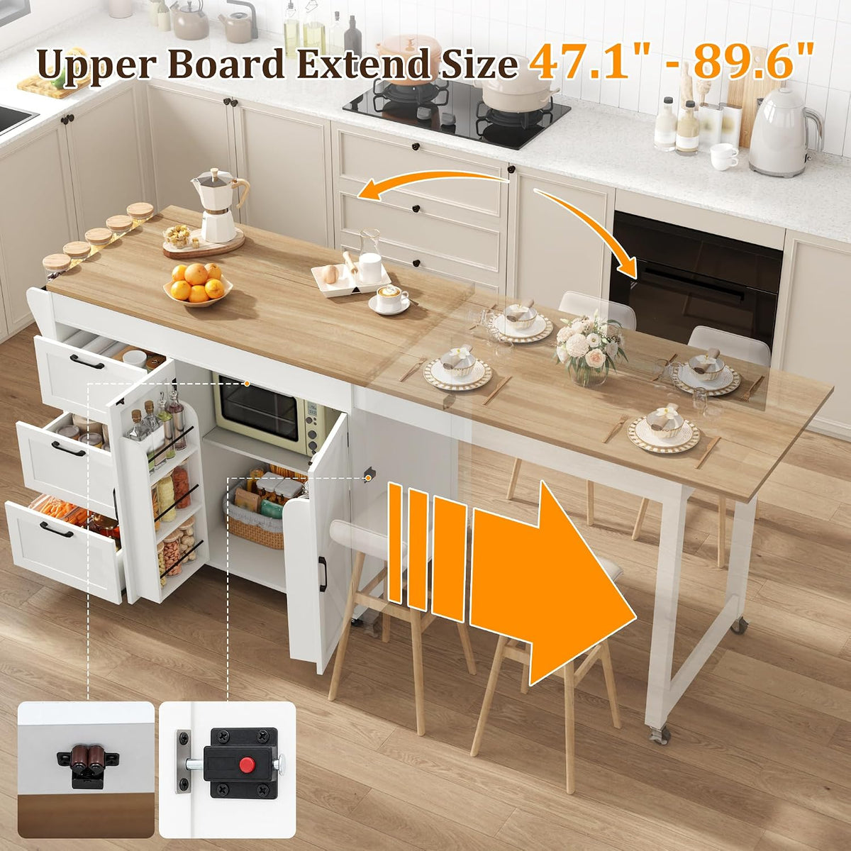 St.Mandyu 47”- 90” Flip-Top Kitchen Island with Extendable Dining Table, Mobile Rolling Storage Kitchen Cart with 3 Drawers & Spice Rack, Multi-Functional Bar Island Table Seats 2-4, White