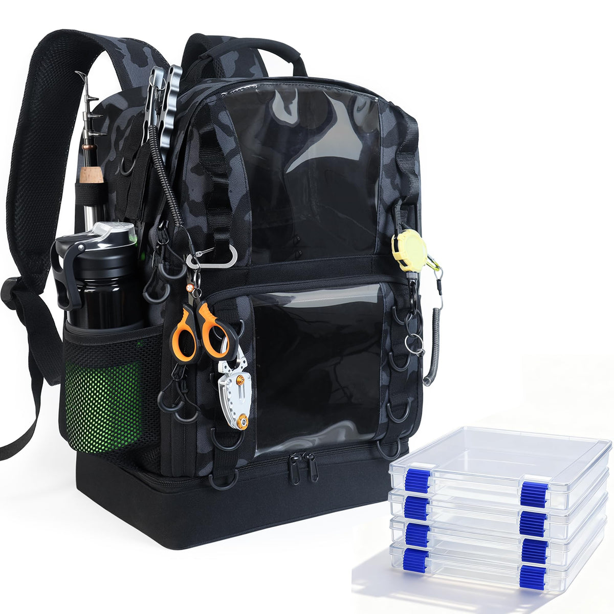 Fishing Tackle Backpack with Cooler,45L Large Tackle Bag with 2 Rod Holders & Clear Window,Outdoor Fishing Backpack for Fishing,Camping,Hiking,Black