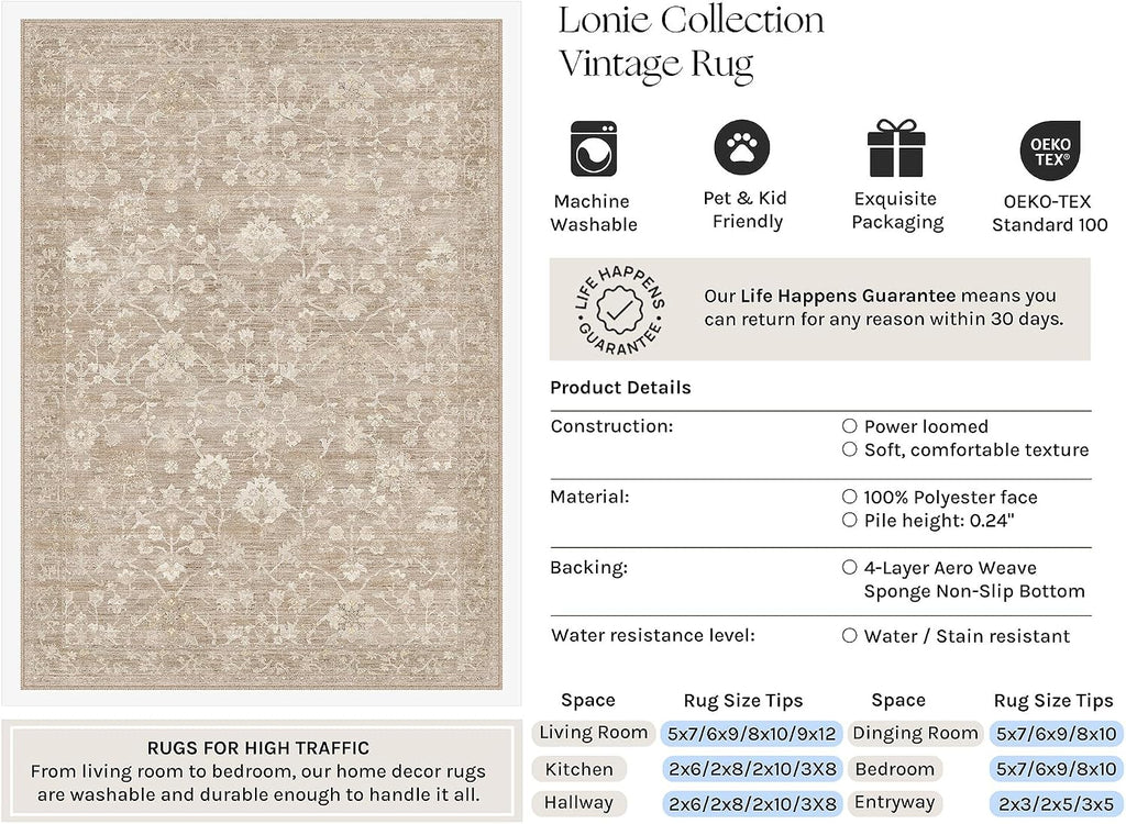 HUGEAR 8x10 Beige Neutral Area Rugs Washable Rug Carpet