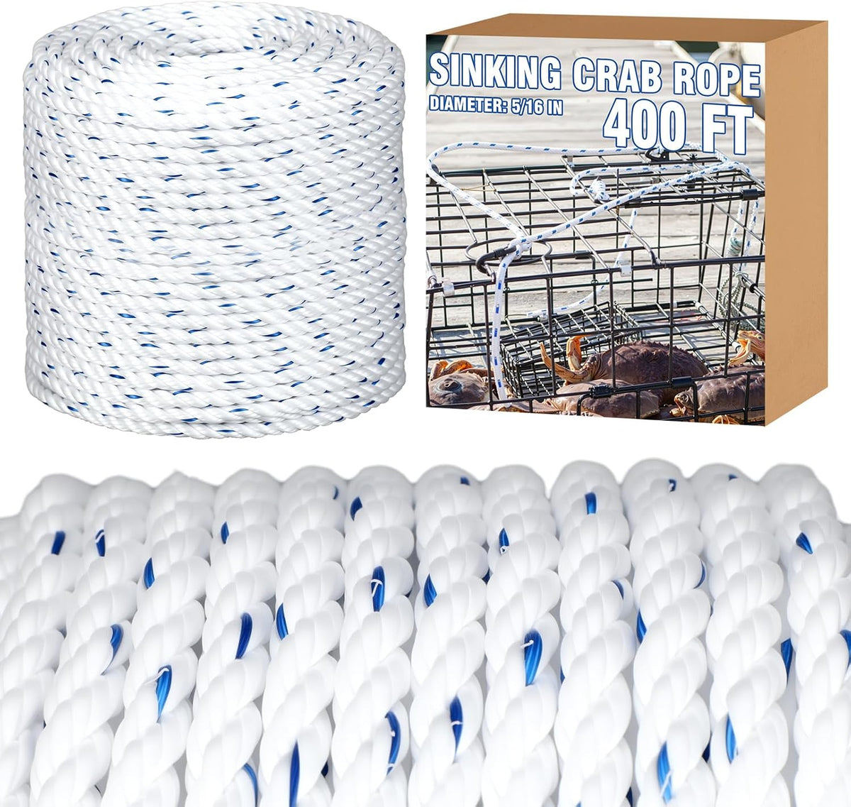 Sinking Line Leaded Core Rope for Crab Trap and Shrimp Pot Crab Trap Rope Strands Twist PP Line for Harness Fishing Industry, 3 Sizes: 1/4" Dia-200', 1/4" Dia-400', 5/16" Dia-400'