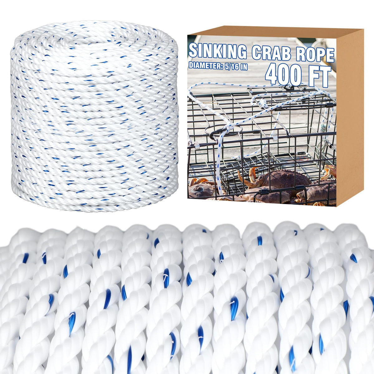 Sinking Line Leaded Core Rope for Crab Trap and Shrimp Pot Crab Trap Rope Strands Twist PP Line for Harness Fishing Industry, 3 Sizes: 1/4" Dia-200', 1/4" Dia-400', 5/16" Dia-400'