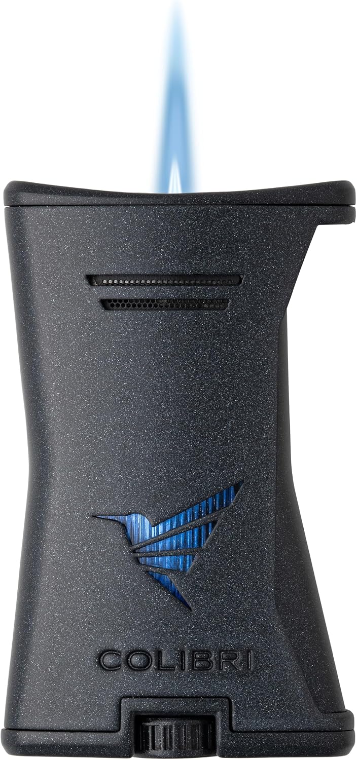 Colibri Premium Slim Torch Lighter - Windproof & Refillable, Cigar Enthusiast's Choice with Blue Fuel Window and Adjustable Flame (Black + Black) - Shipped Empty - no Butane.
