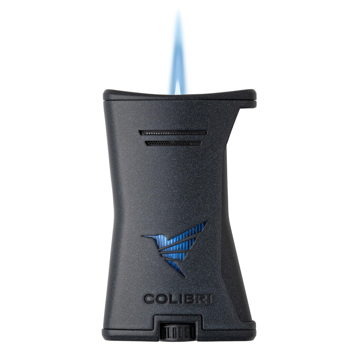 Colibri Premium Slim Torch Lighter - Windproof & Refillable, Cigar Enthusiast's Choice with Blue Fuel Window and Adjustable Flame (Black + Black) - Shipped Empty - no Butane.