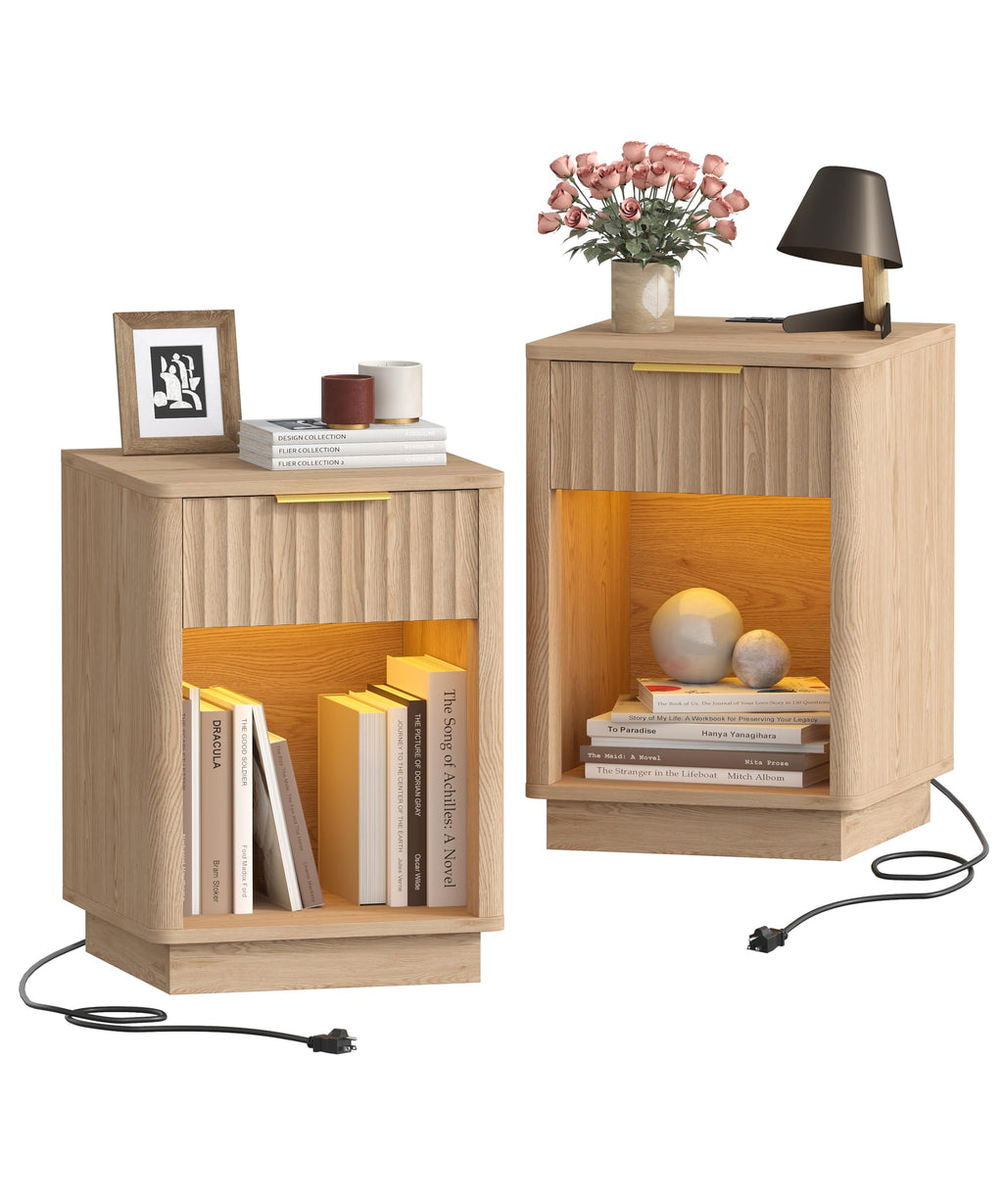 Akxomel Fluted Nightstand Set 2 Bedside Table with Charging Station Oak