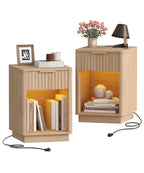 Akxomel Fluted Nightstand Set 2 Bedside Table with Charging Station Oak