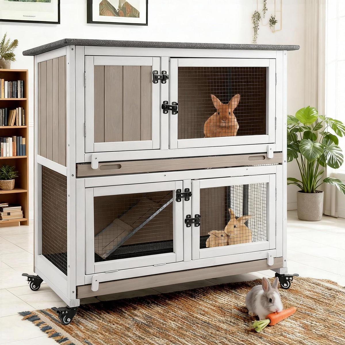 2 Story Rabbit Hutch Indoor & Outdoor, Wooden Rabbit Cage with 2 Leak-Proof Pull-Out Trays, 4 Wheels, Ramp, Chew-Anti Metal Strip for Rabbit, Guinea Pig, Hamster (36" L x 17.8" W x 36.7" H)