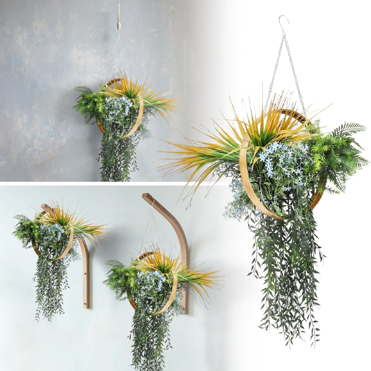7PCS Artificial Plant Hanging Pot with Lanyard for Indoor and Outdoor Wall Decoration (Green Orange)