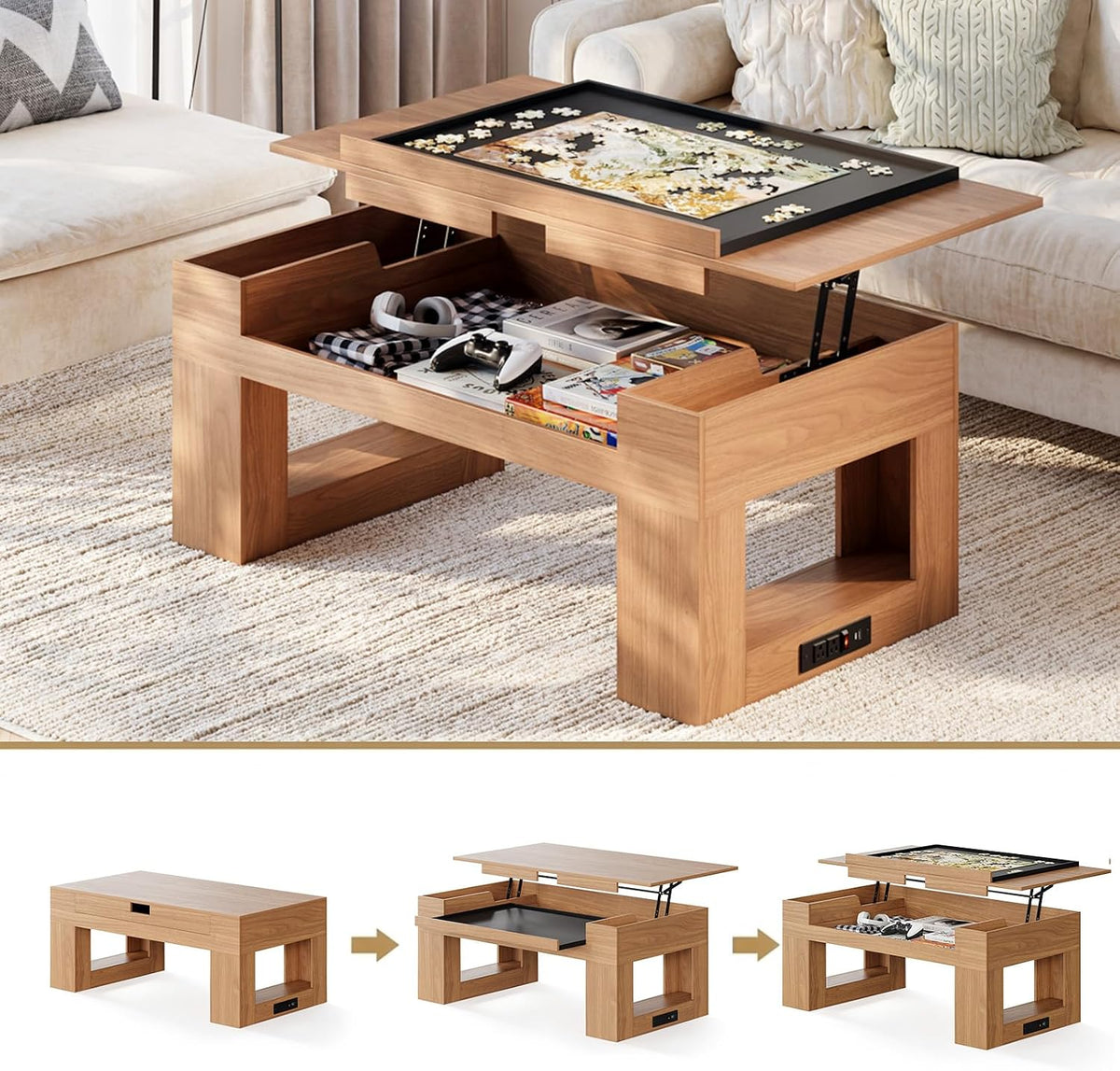 Lift Top Coffee Table with Puzzle Tray, Modern Wood Center Table with Hidden Storage & Charging Station for Living Room, Brown