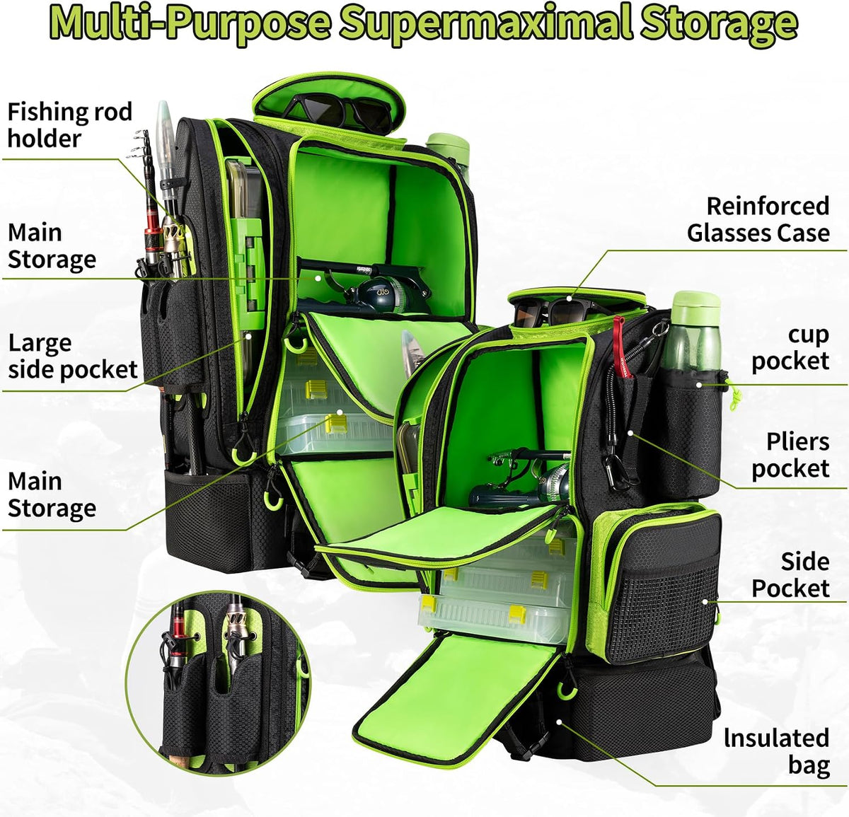 Fishing Backpack with Cooler for 3 Tackle Boxes Fishing Bag with Rod Holder