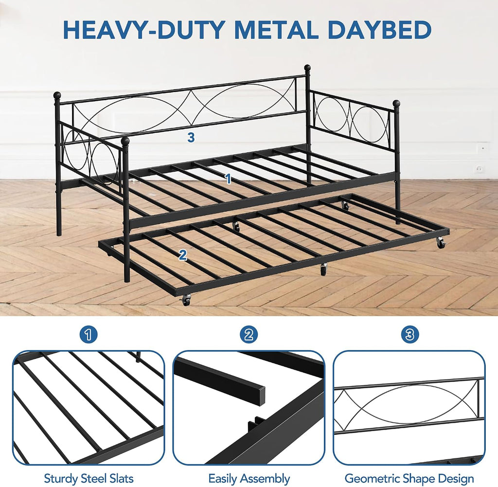 IDEALHOUSE Metal Twin daybed with Trundle with Steel Slat Support