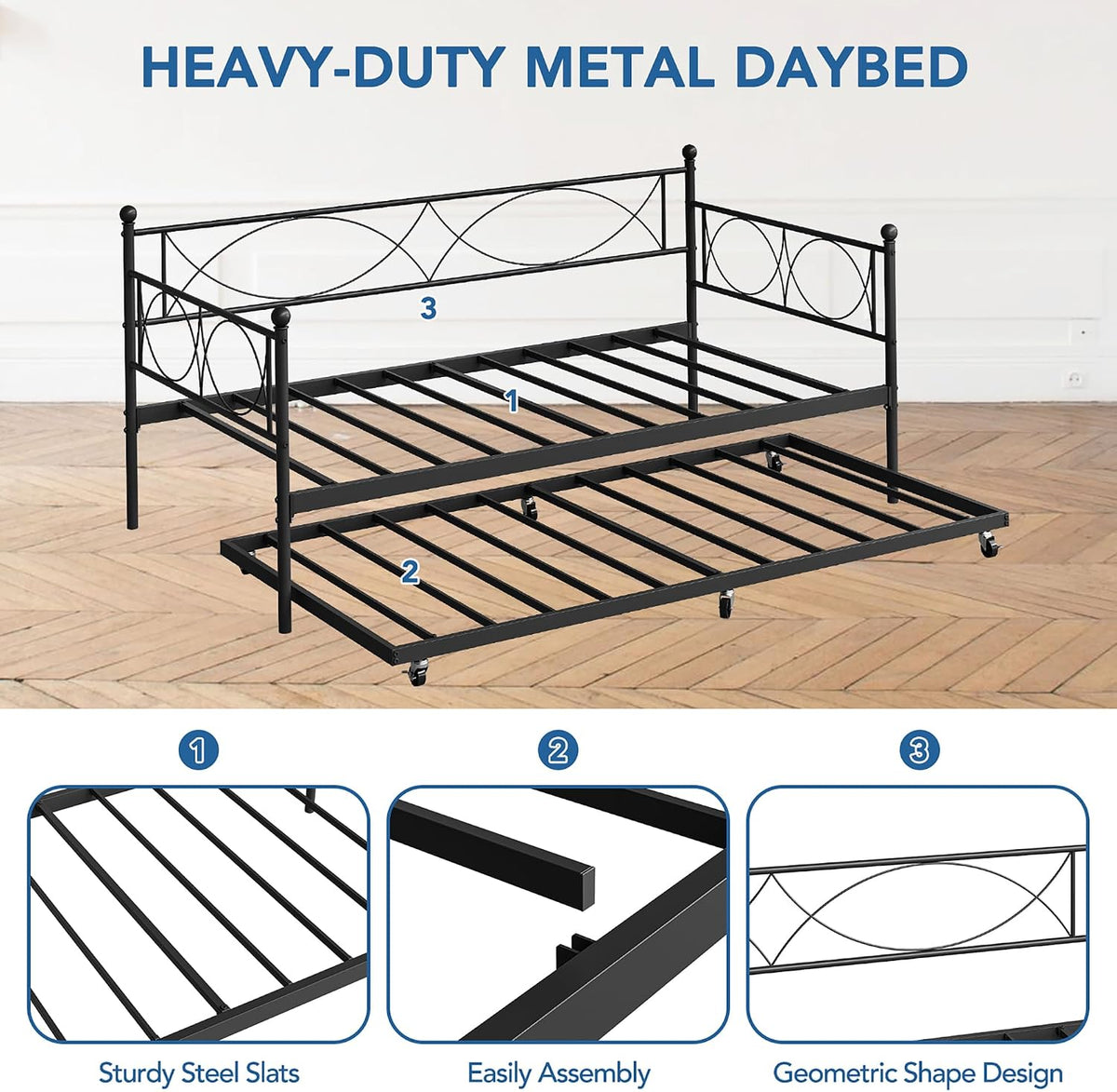 IDEALHOUSE Metal Twin daybed with Trundle with Steel Slat Support