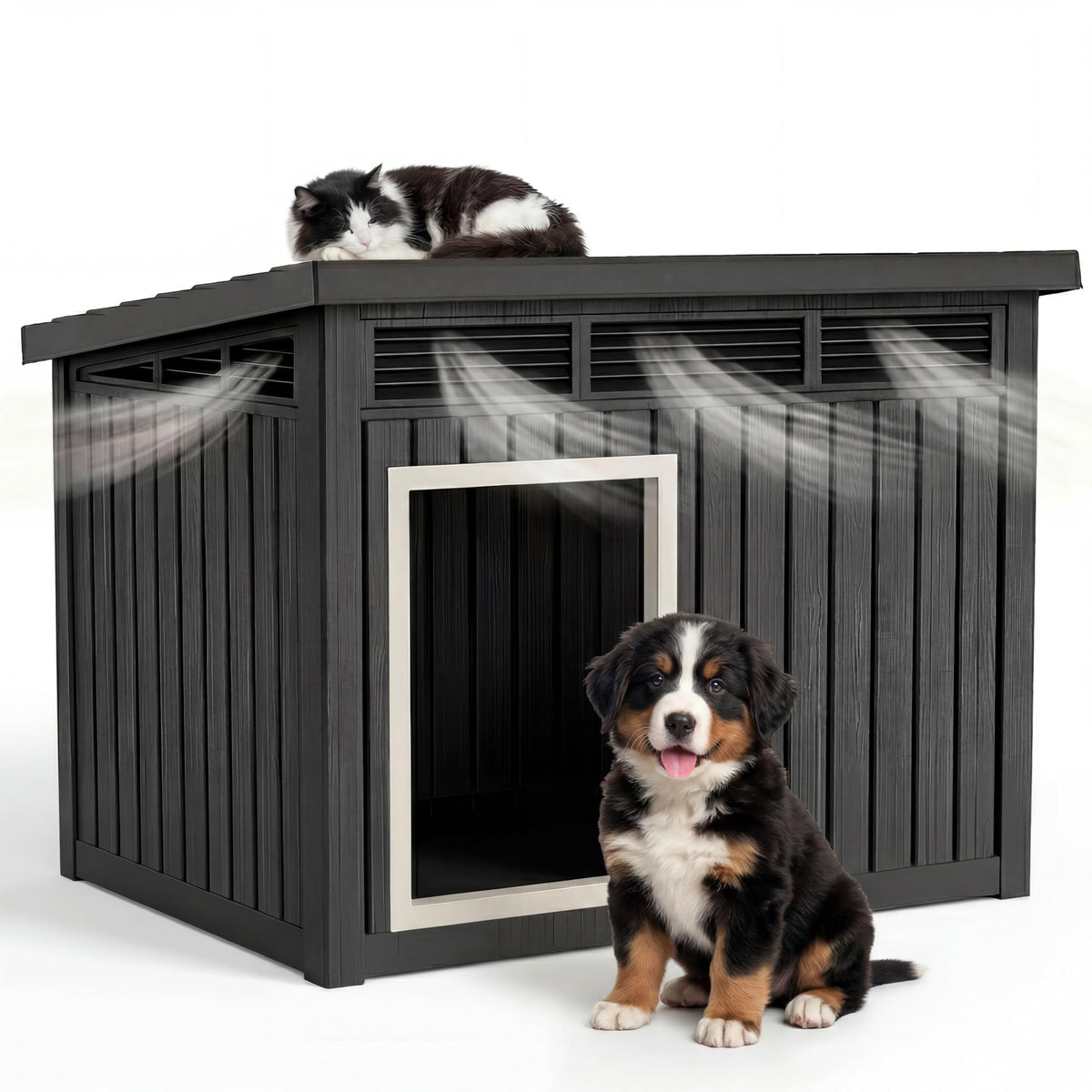 DRATO Large Dog House Outdoor for Indoor with Weatherproof & Removable Roof,Fits Small to Large (Black, 42.87 * 32.95 * 31.61'')