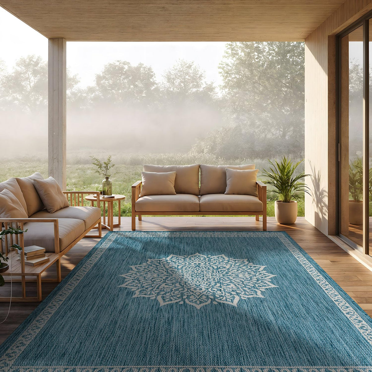 CAMILSON Outdoor Rug 6x9, Modern Outside Rugs for Patios Porches Waterproof Durable Washable Non-Shedding, Easy-to-Clean Indoor Outdoor Area Carpet (6 x 9, Bordered - Blue/White)