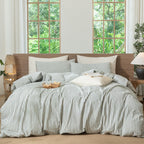 MooMee Striped Duvet Cover Set 100% Washed Cotton Linen Like Queen