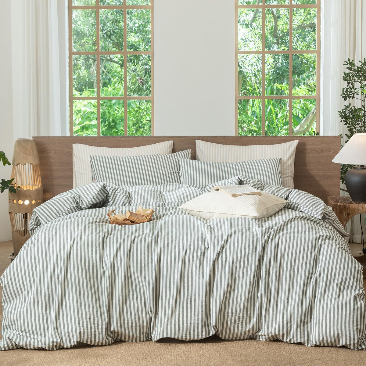 MooMee Striped Duvet Cover Set 100% Washed Cotton Linen Like Queen