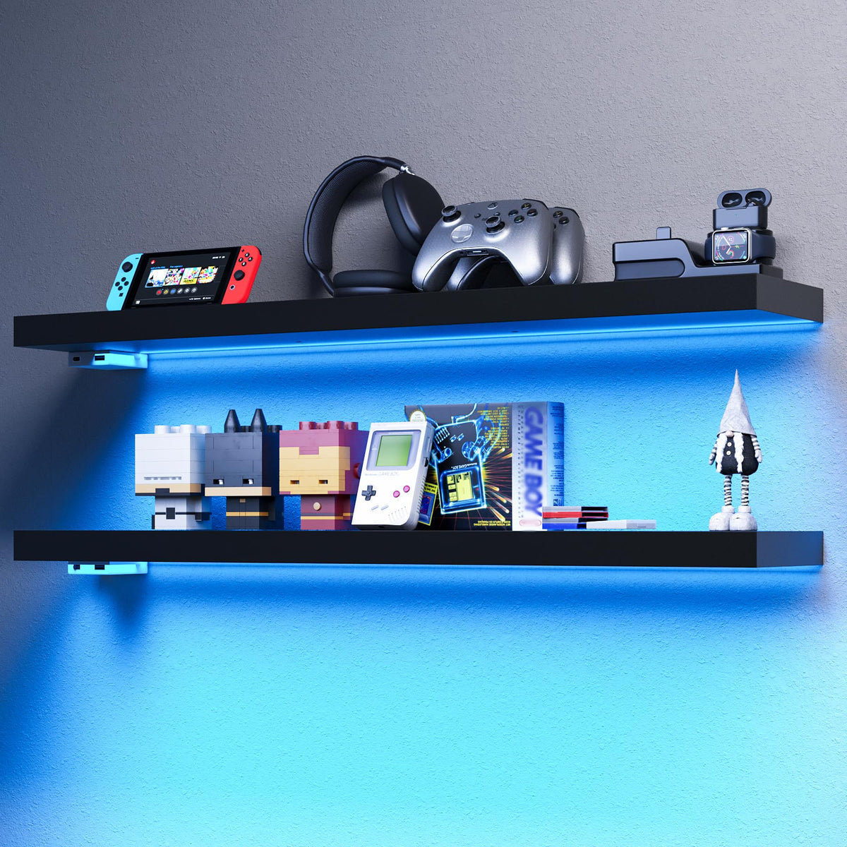 BAMEOS RGB LED Floating Shelves for Wall, 35" Wall Mounted Wooden Shelves with Invisible Brackets, Set of 2, Hanging Wall Shelves for Bedroom, Living Room, Kitchen, Study(Black)