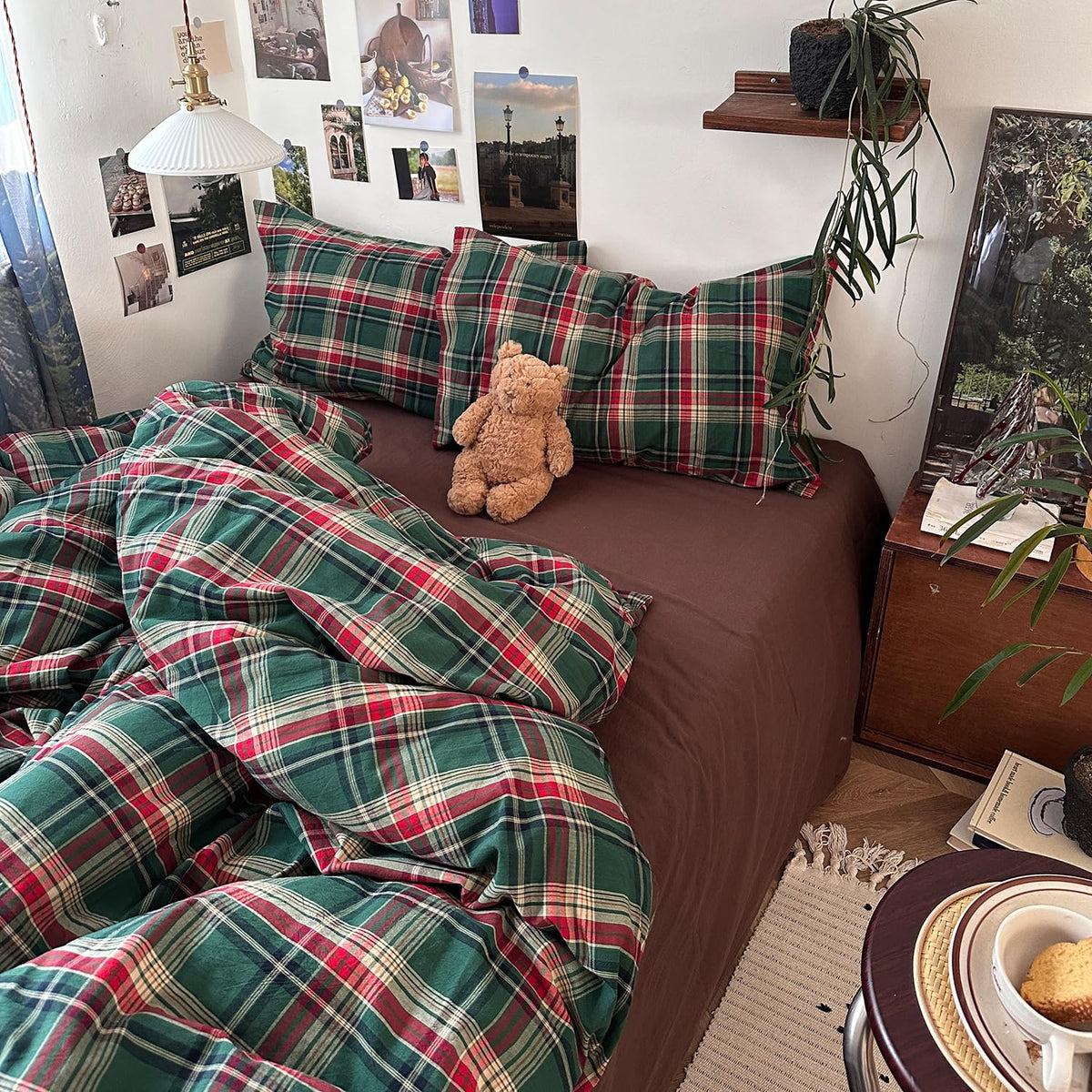 mixinni Vintage Buffalo Plaid Duvet Cover Set Queen Size - 3 Piece Washed Cotton Bedding Set with Grid Pattern, Soft & Breathable Duvet Cover with Pillowcases for All Seasons,(Brown & Blue,Beige)