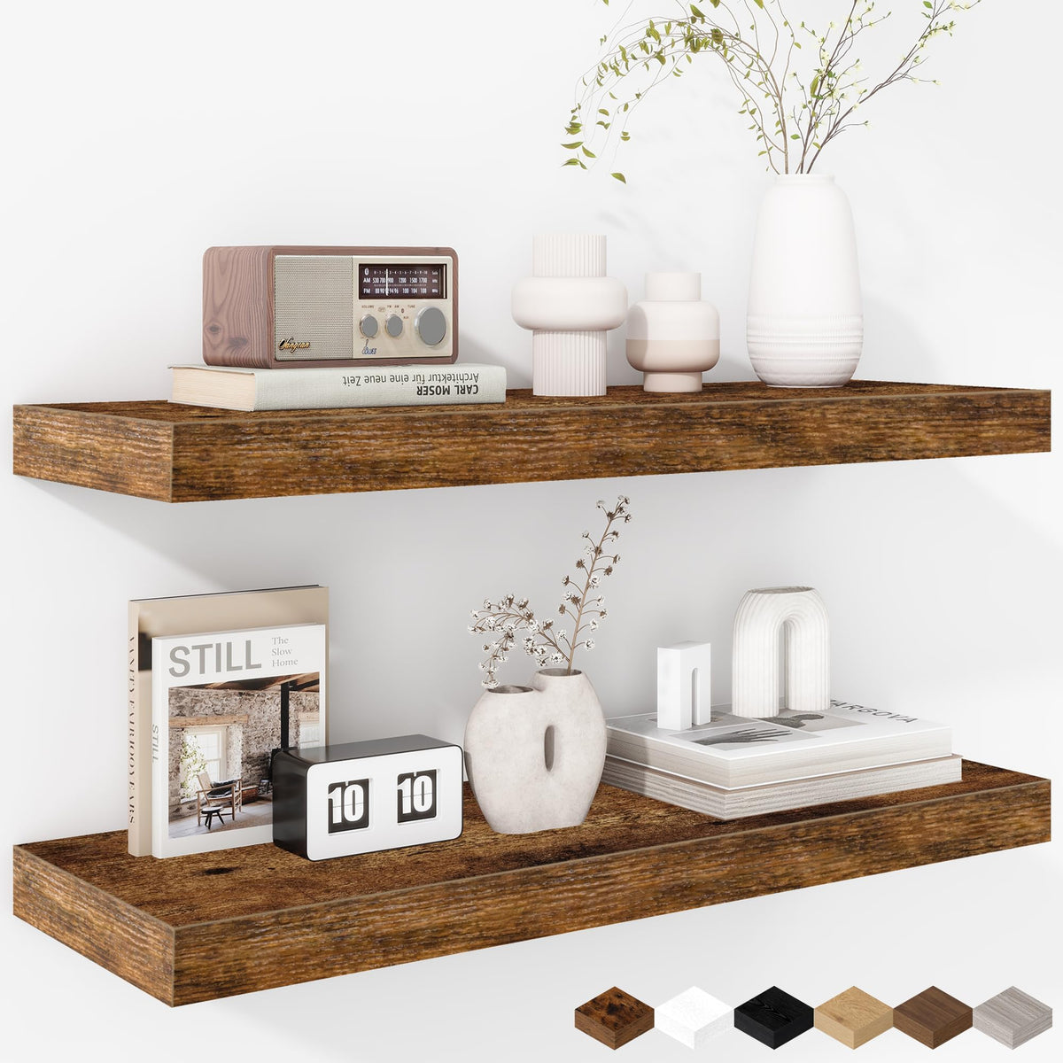 Fun Memories Floating Shelves - 2 Pack 12 Inch Rustic Wooden Wall Shelves - Extra Deeper & Thicker Wall Mounted Storage Shelf for Living Room, Kitchen, Farmhouse - 36" W x 12" D x 1.8" H - Brown