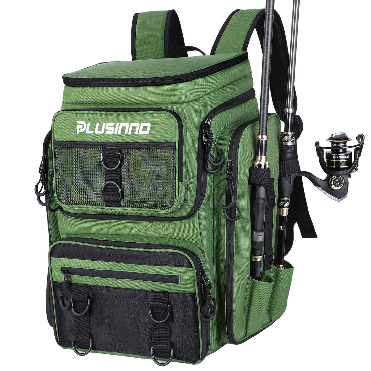 PLUSINNO Fishing Backpack with Fishing Net,42L Waterproof tackle Backpack with Tackle Boxes,Fishing Gear,Lures,Tools,Pliers & Accessories, Fishing Gifts for Men