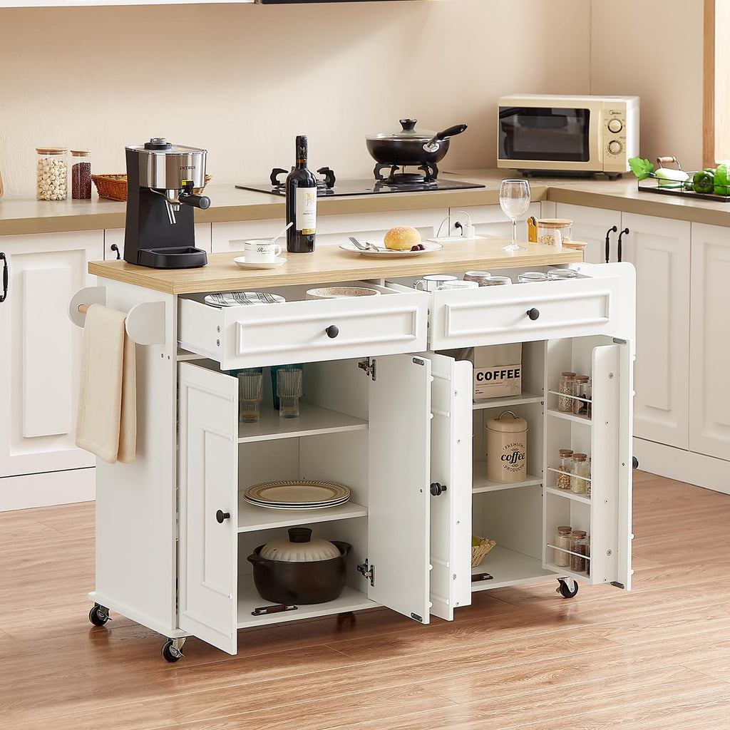 ONBRILL 58" Kitchen Island with Power Outlet, Rolling Kitchen Cart, Black