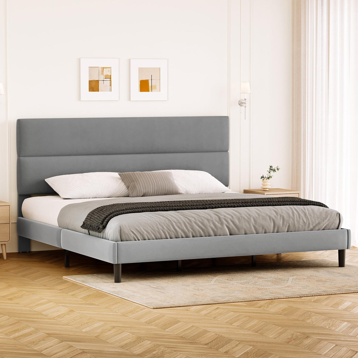 GRUSIGN King Size Platform Bed Frame with Velvet Headboard, Adjustable Height Wooden Slats Support, Upholstered Mattress Foundation, Fits Mattress or Mattress with Box Spring, Easy Assembly, Beige