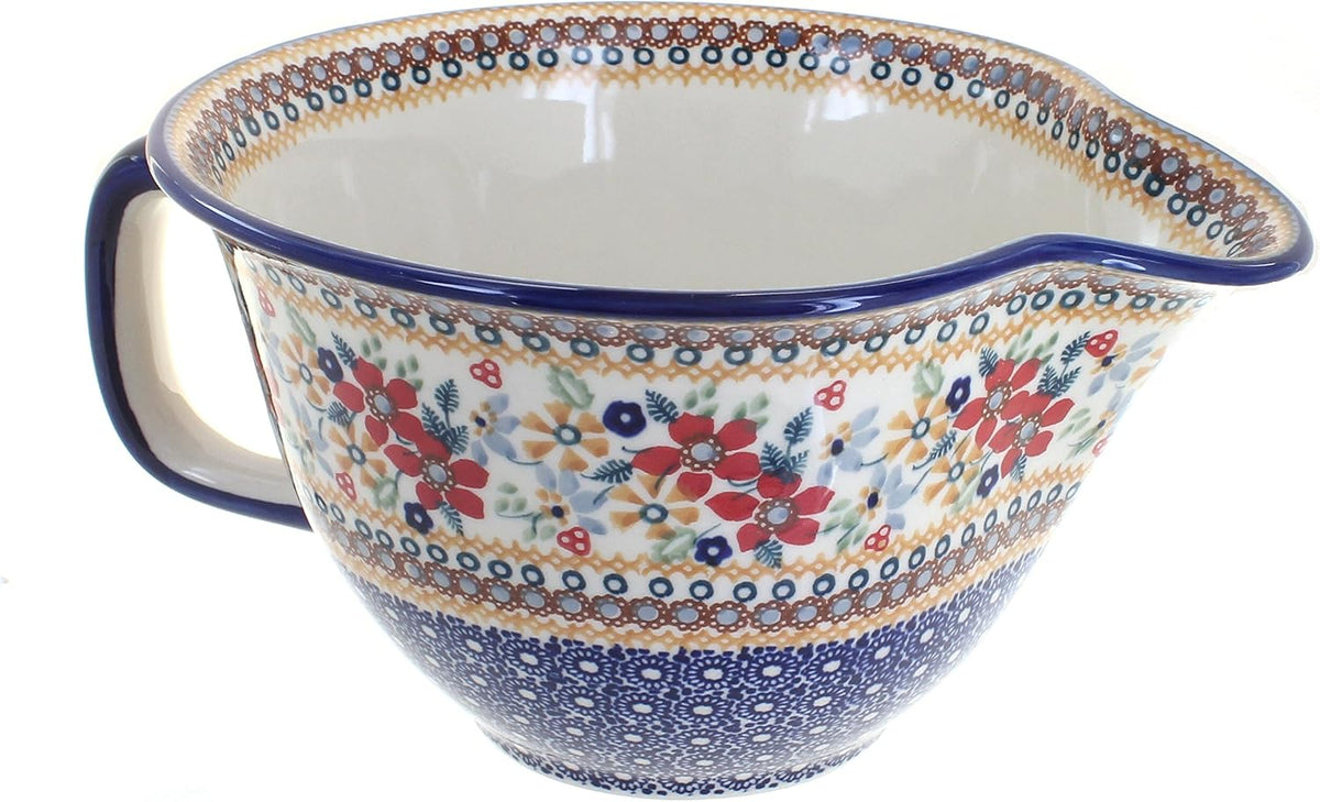 Blue Rose Polish Pottery - Green Floating Fern Batter Bowl - 10 Cup Capacity - Hand-Painted Ceramic Mixing & Pouring Bowl with Handle and Spout