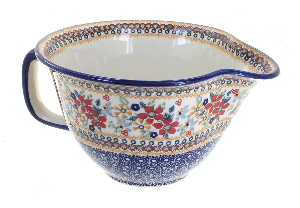 Blue Rose Polish Pottery - Red Daisy Batter Bowl - 10 Cup Capacity - Hand-Painted Ceramic Mixing & Pouring Bowl with Handle and Spout