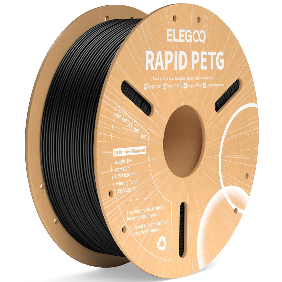 ELEGOO Rapid PETG 3D Printer Filament 1.75mm Black 10KG Bulk