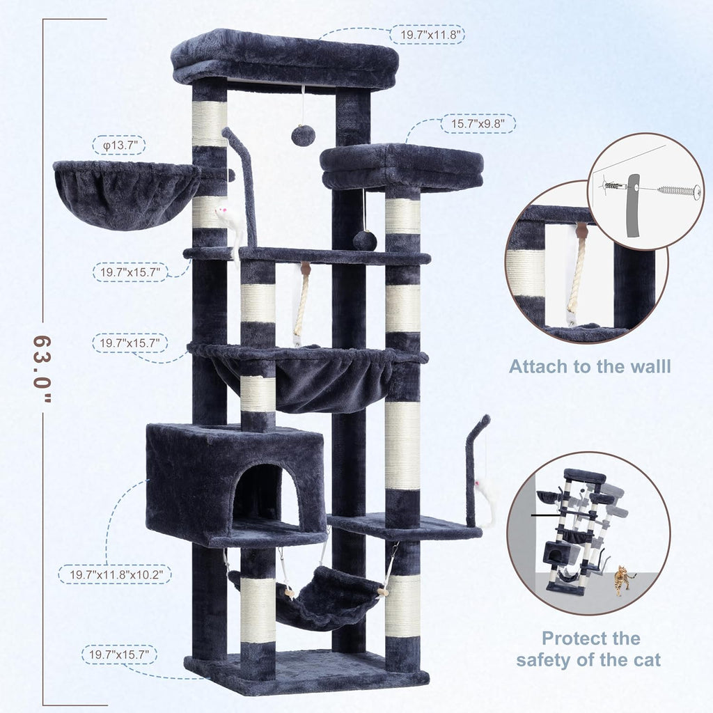 Gitelsnour Cat Tree, 63'' Cat Tower for Large Cats, Big Hammock GCT020G