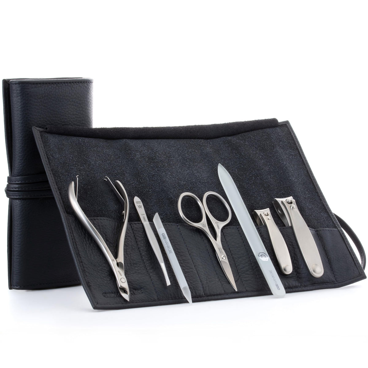GERMANIKURE 7pc Manicure & Pedicure Set, FINOX Steel, Purple Leather Roll
