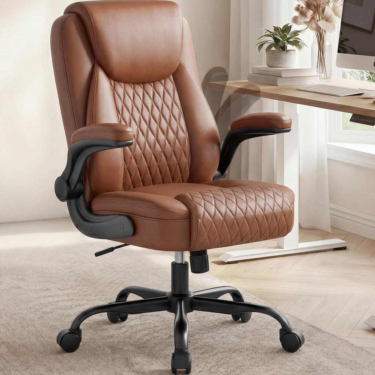 COMHOMA Mid-Back Office Chair, Ergonomic PU Desk Chair with Flip up Arms, Small Computer Gaming with Comfy Lumbar Support,Rocking Function,Sturdy Metal Base, Ink Black
