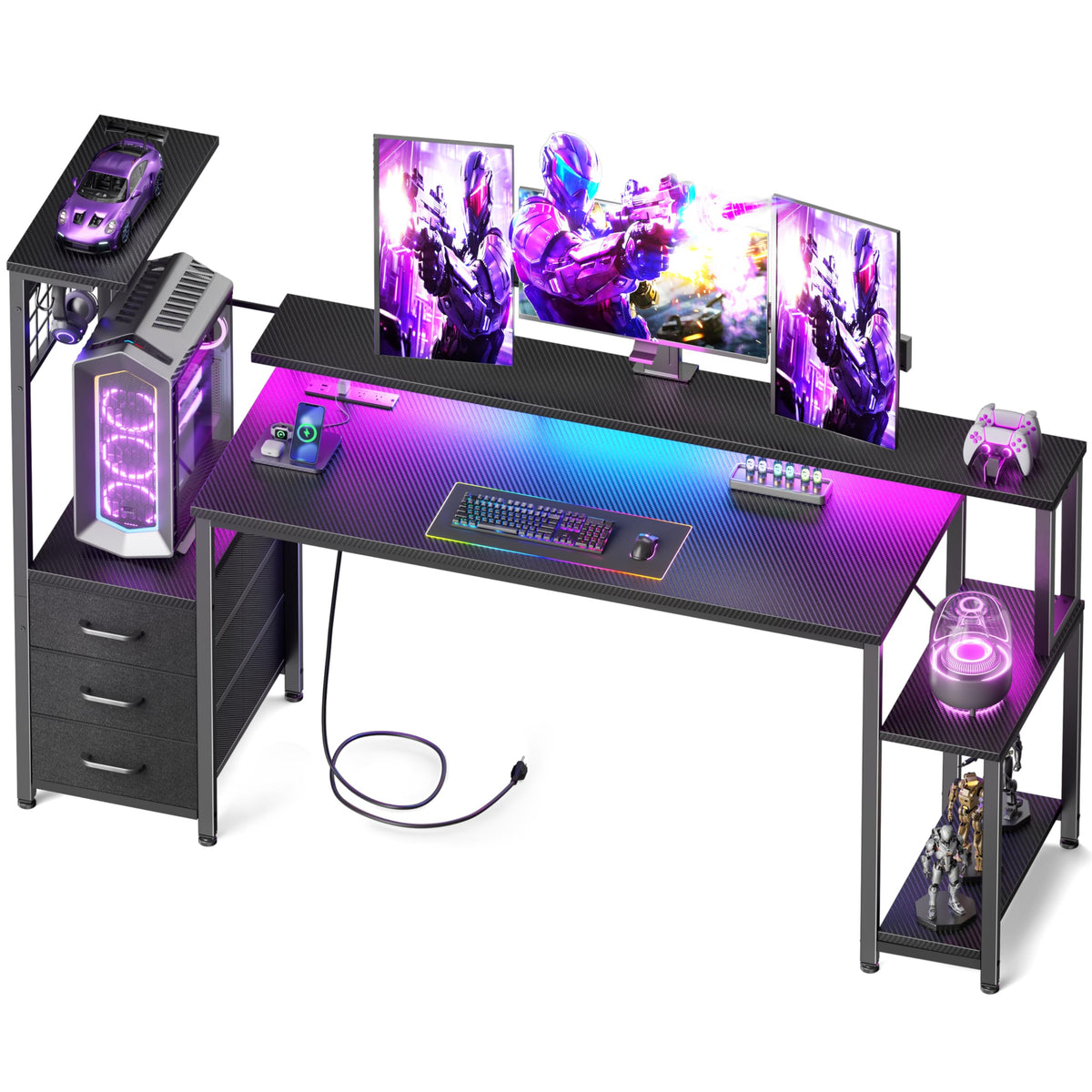 Korfile 48" Gaming Desk with Power Outlet, LED, Carbon Fiber Black Finish