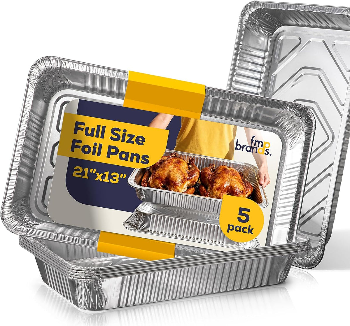 Fit Meal Prep 5 Pack Full Size Aluminum Foil Pans 21"x13", Heavy Duty Large Disposable Roasting Pans for Cooking, Serving, Freezing, Baking Pan Trays for Catering, Meal Prep, and Food Storage
