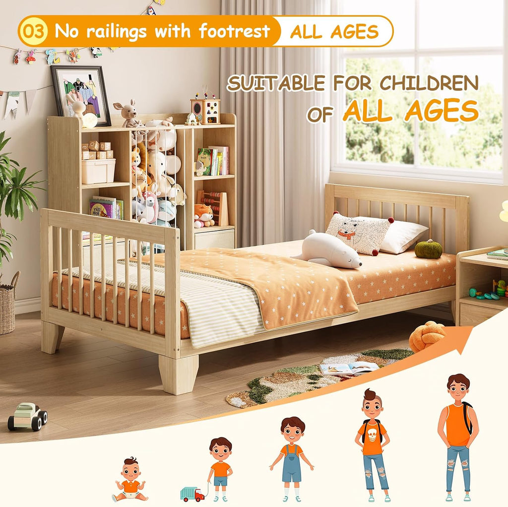 EXPERLAM Montessori Toddler Bed, Variable Twin Floor Bed Frame with Removable Guardrails and Legs, Low Wooden Kids Bed with 10 Slats and Supporting keel, Crib-to-Bed Transition for Bedroom or Nursery
