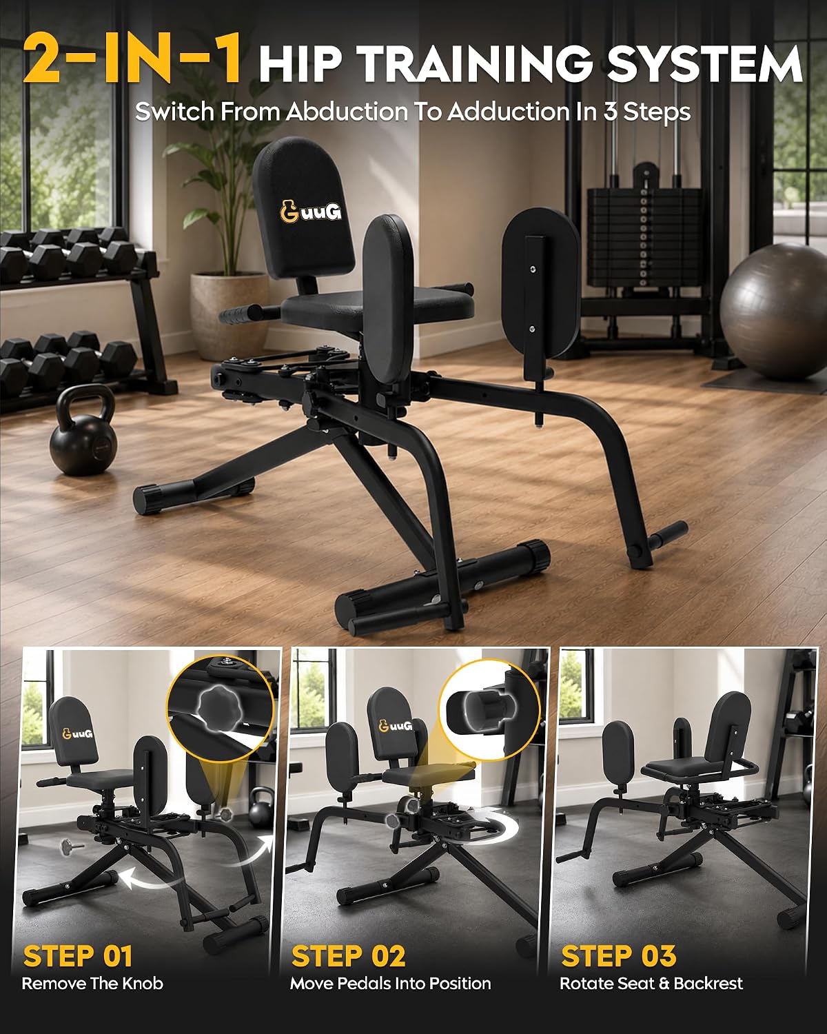 GuuG Hip Abductor Adductor Machine: Booty Builder with 2 Resistance Bands 2 in 1 Adduction Abduction Machine Inner and Outer Thigh and Glute Workout Equipment