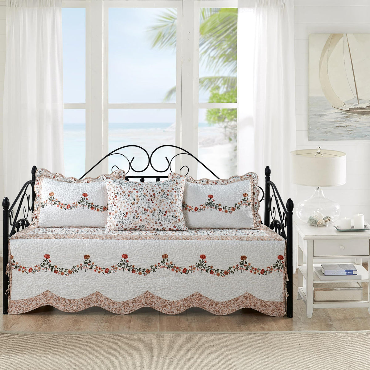 HESTIN 4Pcs Sky Blue Scallop Daybed Cover Set 75"x39" Petunia Embroidery
