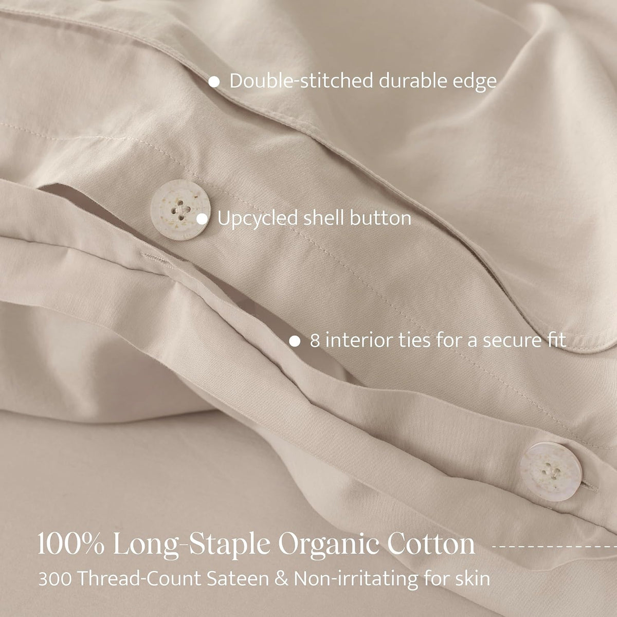 Double Stitch GOTS Organic Cotton King Duvet Cover, Washed 300TC, Greige