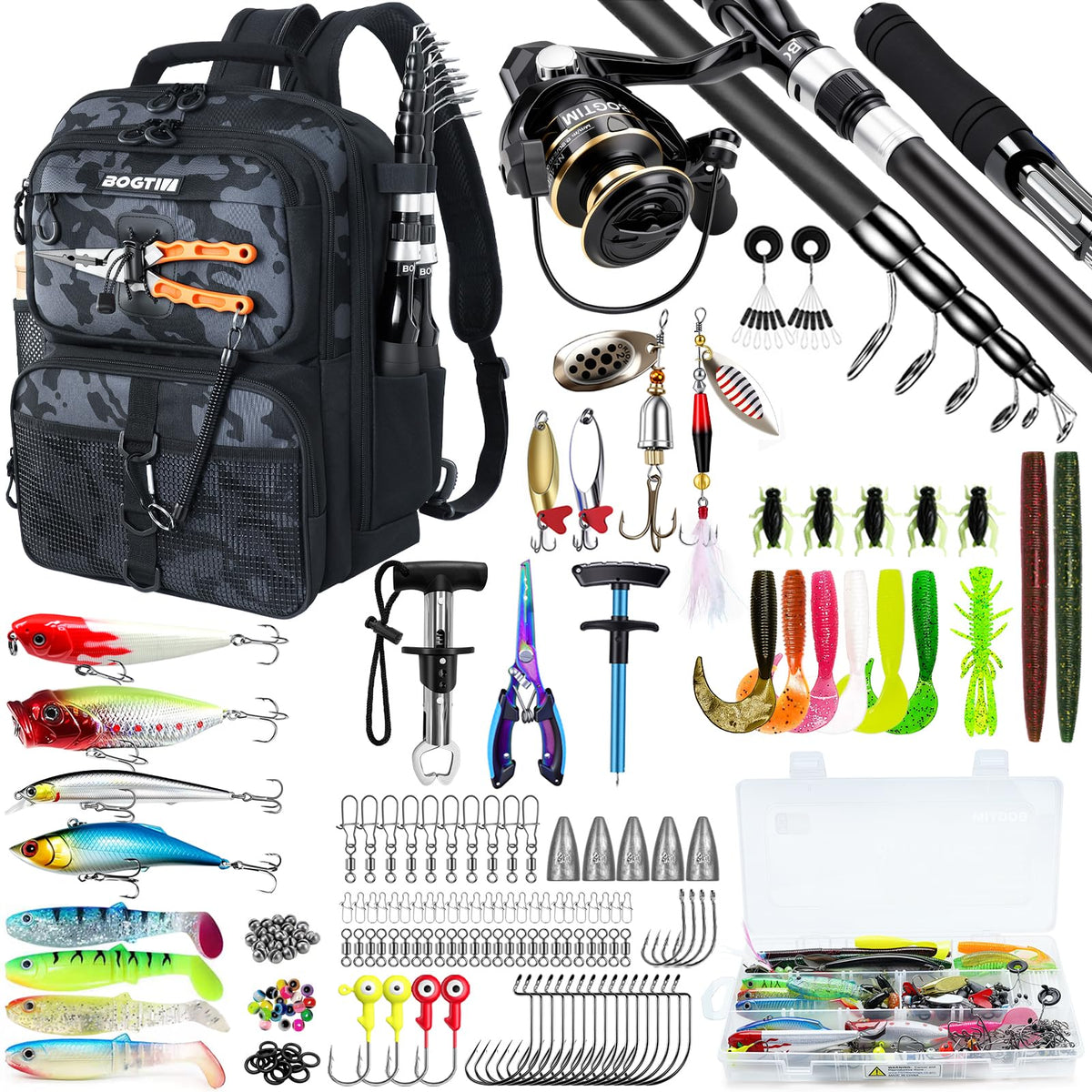 Fishing Backpack with Tackle Boxes and Lures Kit, Fish Gear, 2 Rod Holder
