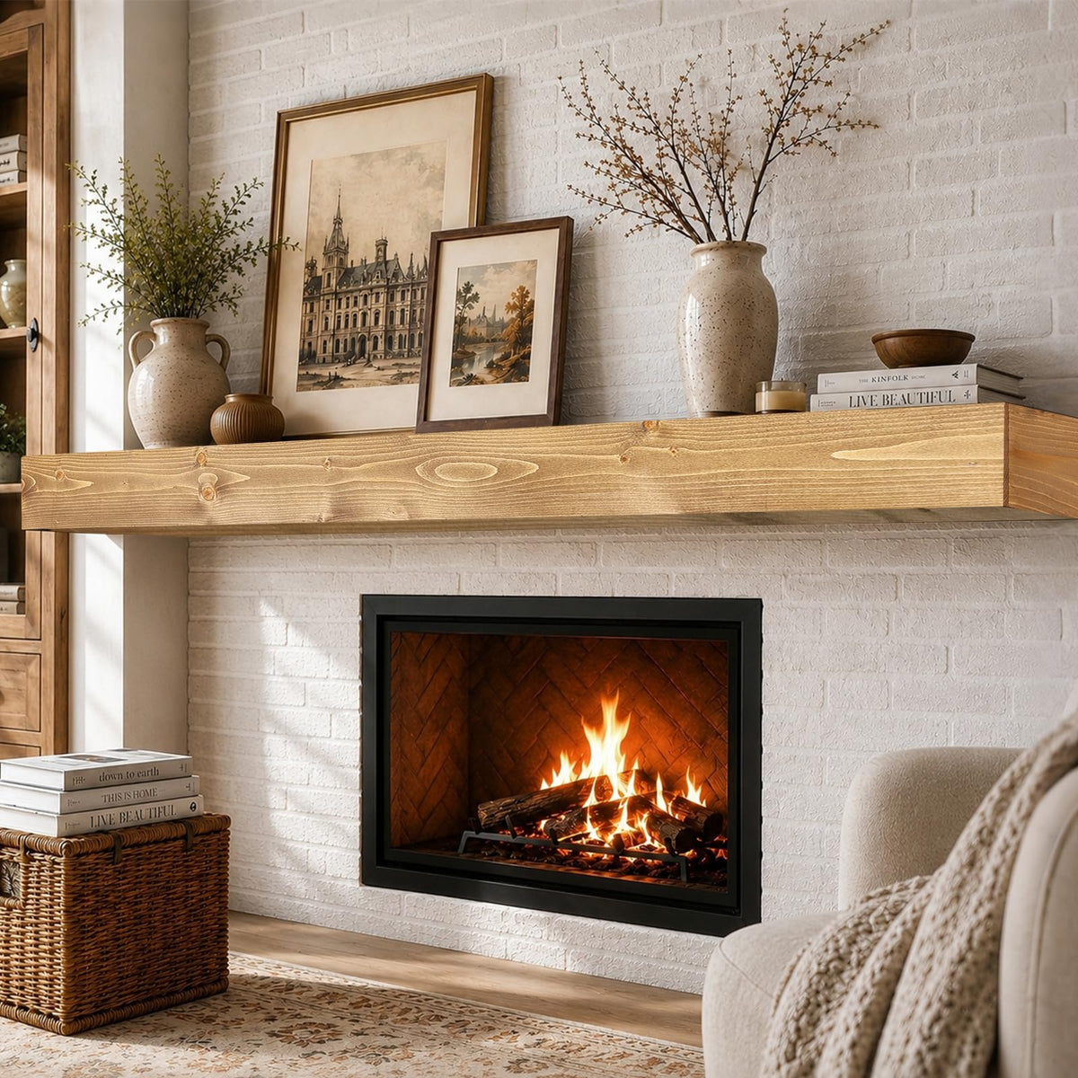 60x8x3in Rustic Fireplace Mantel Pine Wood, Weathered Brown