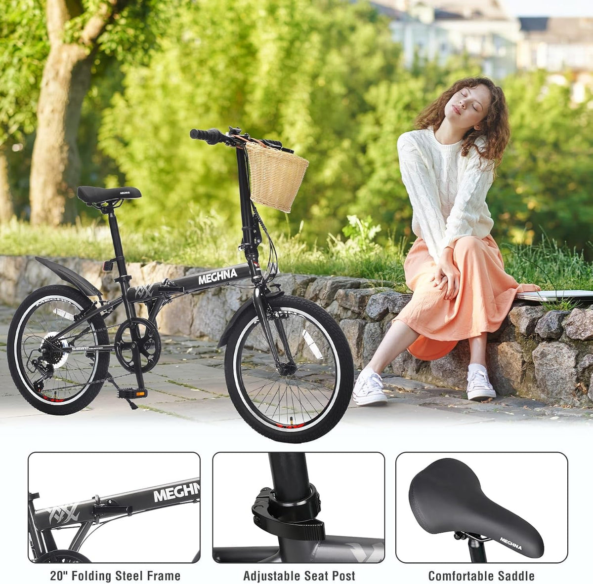20 Inch Folding Bike for Adults with Basket & Phone Holder, 6-Speed City Commuter, Steel Frame Portable Compact Bicycle with Dual V-Brakes, Fenders, Foldable for Men Women