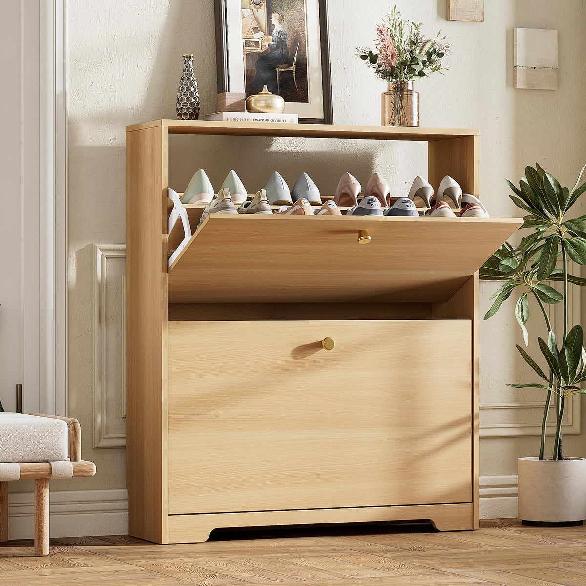 Nicetree Shoe Cabinet with 3 Flip Drawers, Narrow Shoe Organizer Cabinet, Freestanding Shoe Rack Cabinet, Modern Shoe Storage Cabinet for Entryway, Hallway, Foyer, White