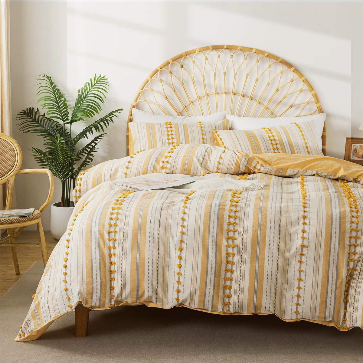 Washed Cotton Queen Size Duvet Cover Set - Tufted Dots Boho Chic Bedding for All Seasons, Striped Pom Pom Bedding Linen Like Textured Breathable Durable Soft Comfy (Yellow, 90x90'')