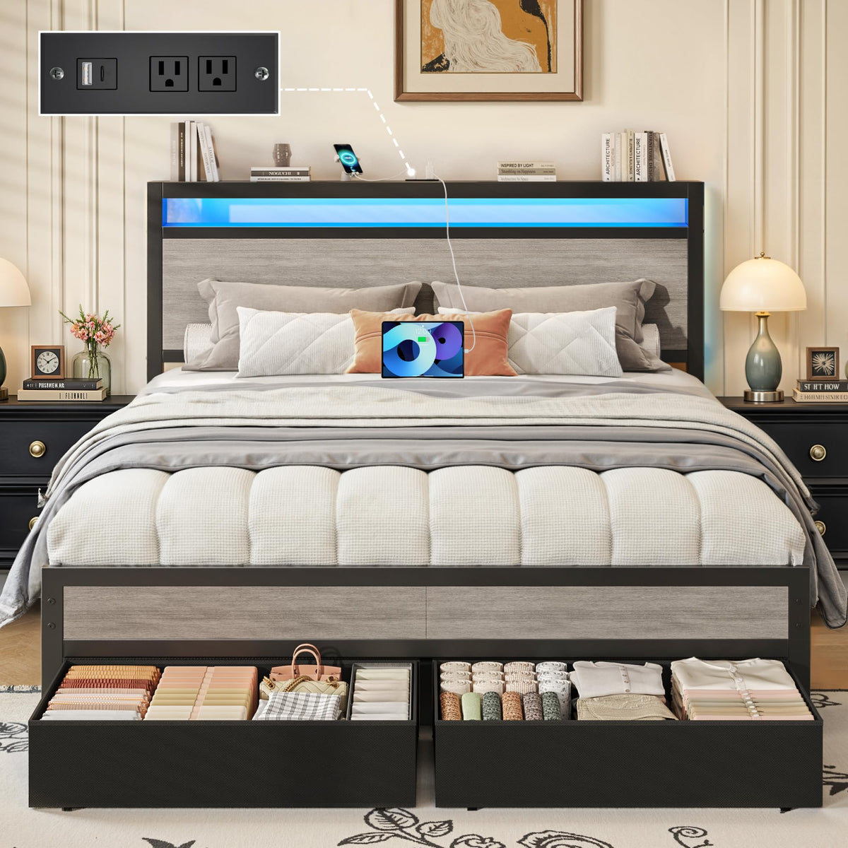Fluest Twin Bed Frame,Twin Bed Frame with Storage Headboard & Storage Drawer, Charging Station & LED Light, No Box Spring Needed, Noise Free, Easy Assembly, Classic Black