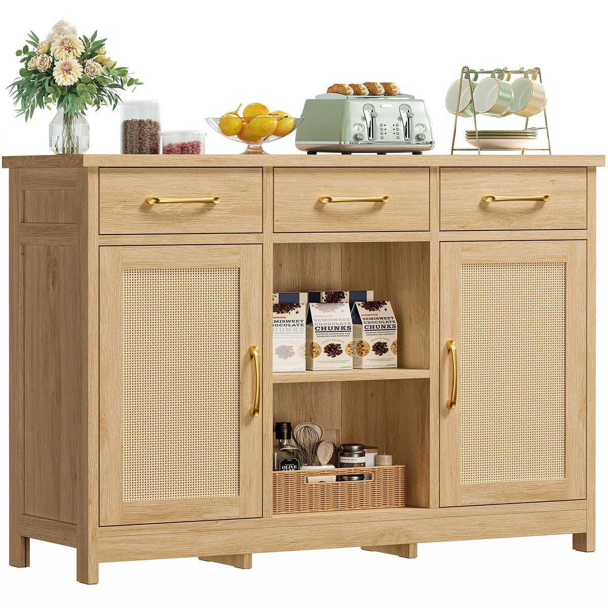 TEENFON Storage Cabinet, Coffee Bar Cabinet with 3 Drawers, 2 Adjustable Shelves & 2 Doors, Buffet Cabinet, Kitchen Cabinet for Kitchen, Dining Room, Living Room, White