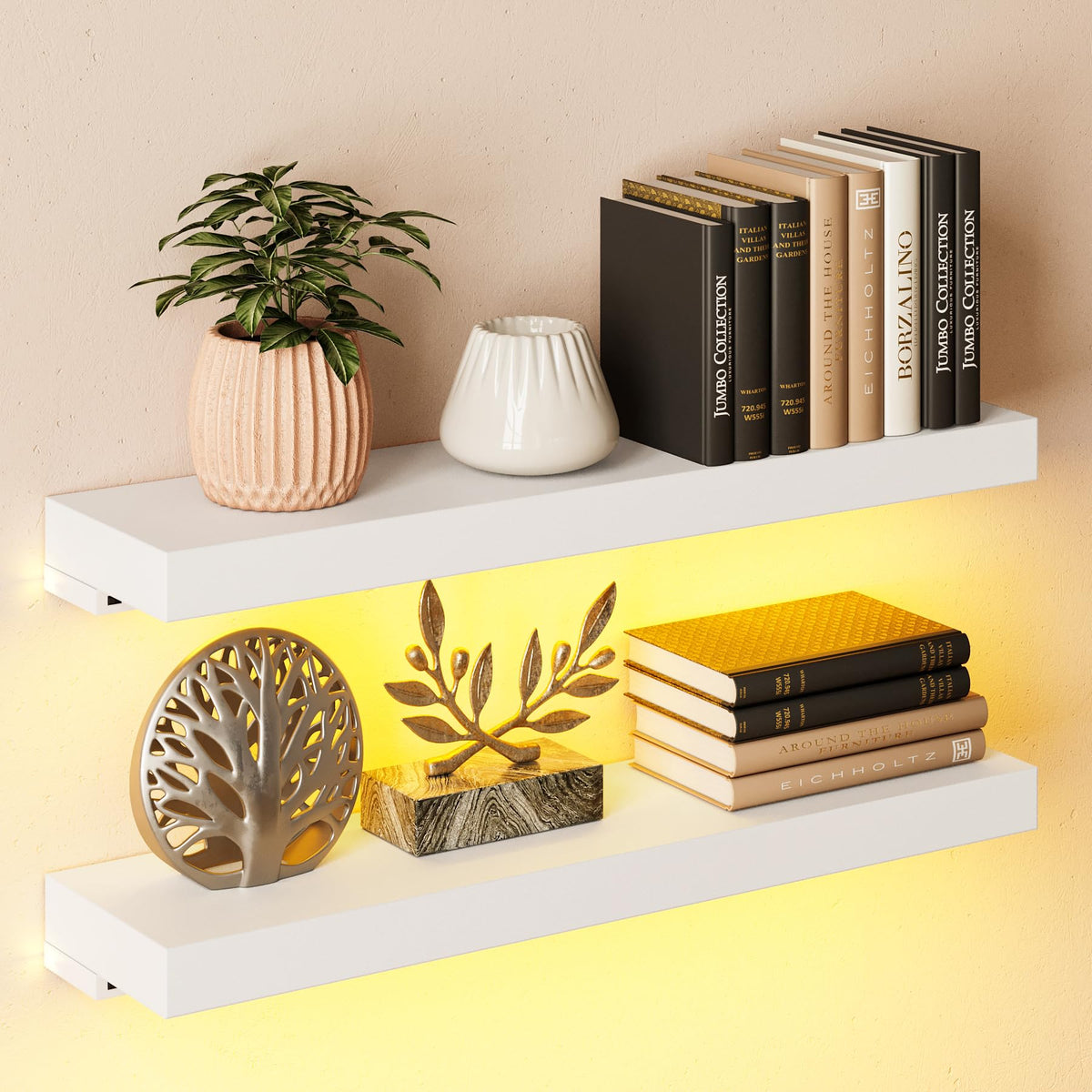 BAMEOS RGB LED Floating Shelves for Wall, 35" Wall Mounted Wooden Shelves with Invisible Brackets, Set of 2, Hanging Wall Shelves for Bedroom, Living Room, Kitchen, Study(Black)